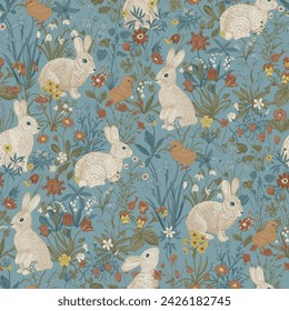 Lawn. Seamless pattern. Vintage vector illustration. White Bunnies are among the flowers. Blue