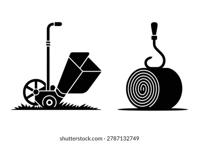 Lawn seeder and rolled sod grass illustration with equipment fertilizer planting