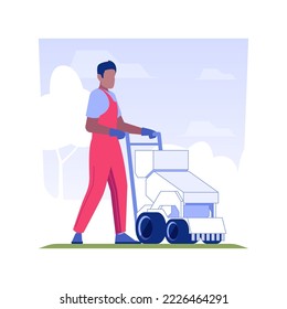 Lawn seeding isolated concept vector illustration. Professional gardener with overseeder machine, lawn maintenance, exterior works, landscaping process, planting season vector concept.