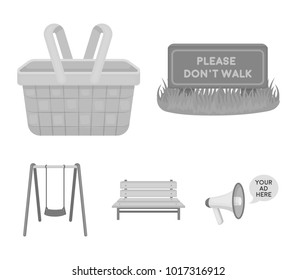 Lawn with a sign, a basket with food, a bench, a swing. Park set collection icons in monochrome style vector symbol stock illustration web.