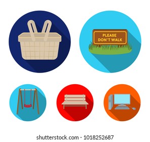 Lawn with a sign, a basket with food, a bench, a swing. Park set collection icons in flat style vector symbol stock illustration web.