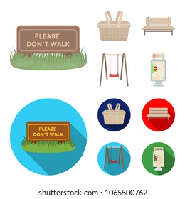 Lawn with a sign, a basket with food, a bench, a swing. Park set collection icons in cartoon,flat style vector symbol stock illustration web.