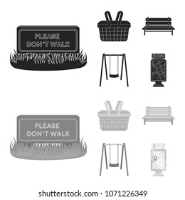 Lawn with a sign, a basket with food, a bench, a swing. Park set collection icons in black,monochrom style vector symbol stock illustration web.