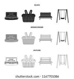 Lawn with a sign, a basket with food, a bench, a swing. Park set collection icons in black,monochrome,outline style vector symbol stock illustration web.
