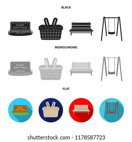 Lawn with a sign, a basket with food, a bench, a swing. Park set collection icons in black, flat, monochrome style vector symbol stock illustration web.