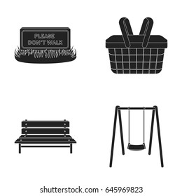 Lawn with a sign, a basket with food, a bench, a swing. Park set collection icons in black style vector symbol stock illustration web.