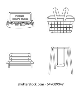 Lawn with a sign, a basket with food, a bench, a swing. Park set collection icons in outline style vector symbol stock illustration web.