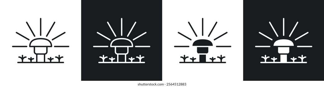 Lawn sprinkler icons collection in black filled and line style.