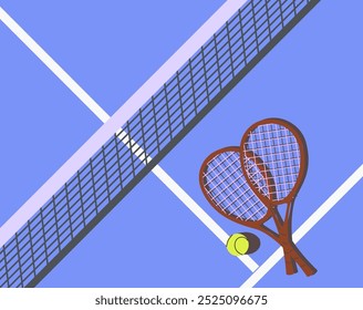 Lawn tenis racket lies near ball on tennis court, top view, tennis tournament poster, vector. tennis banner, ball on the tennis court, racket, place for text, blue color