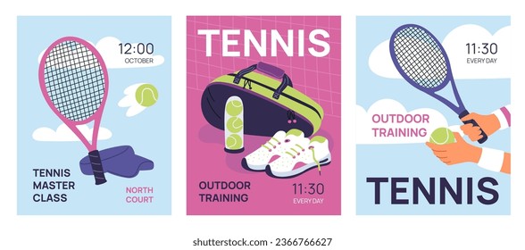 Tarjetas de tenis de césped. Afiches del torneo deportivo. Accesorios profesionales. Raquetas y pelotas. Panaderos de bolso. Formación de maestría y competencia. Fecha de entrenamiento al aire libre