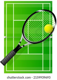 Lawn tennis court seen from above with a racket and its tennis ball in the foreground