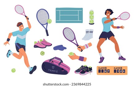 Lawn tennis elements. Cartoon athletes with rackets. Sports equipment. Players hit balls. Sneakers or sportswear. Competition and hobby game. Match score. Court and bag