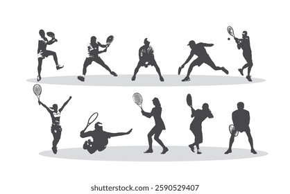 Lawn tennis people silhouette. Professional athletes in uniform, men and women with rackets, dynamic poses, batting and serving ball. Competition and hobby cartoon flat isolated tidy vector set.