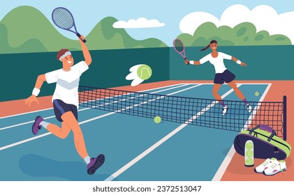 Lawn tennis players on court. Cartoon professional athletes hit ball. Pre match training process. Outdoor sport stadium. Man and woman play active game together. Garish