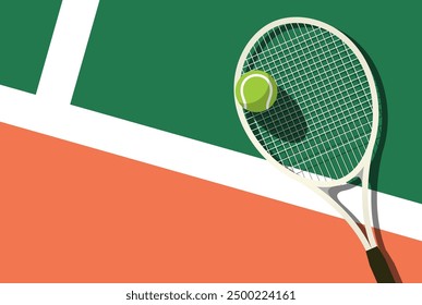 Lawn tennis racket and ball lies on tennis court, view from above, sport poster, vector