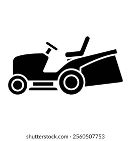 Lawn tractor vector icon. Lawnmower symbol for yard work, landscaping, and garden maintenance. Tractor grass cutter pictogram. Black silhouette isolated on white background.