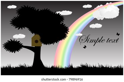 Lawn with tree, bird house and a rainbow made of gray