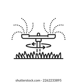 lawn water sprinkler, irrigation system icon. Garden automatic drip water irrigation system, farm watering technology outline vector symbol. Field sprinkling equipment simple pictogram or sign