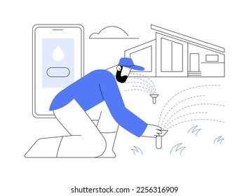 Lawn watering system abstract concept vector illustration. Lawn sprinkler system, irrigation, garden hose, automate watering, electronic timer, pop-up sprinkler, landscaping abstract metaphor.