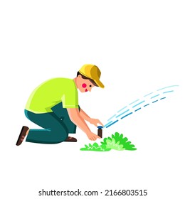 Lawn Watering System Fixing Man Gardener Vector. Boy Professional Garden Irrigation Technician Checking And Repairing Watering System In Garden. Character Flat Cartoon Illustration