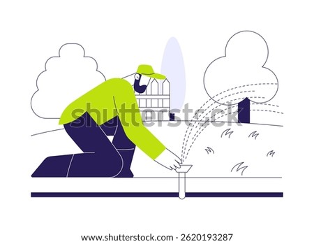 Lawn watering system installation abstract concept vector illustration. Repairman installing lawn spraying system, exterior works, grass maintenance, irrigation method testing abstract metaphor.