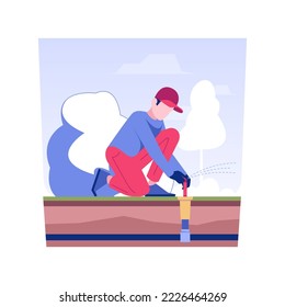 Lawn watering system installation isolated concept vector illustration. Repairman installing lawn spraying system, exterior works, grass maintenance, irrigation method testing vector concept.