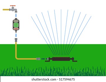 Lawn watering using water timer. Vector illustration