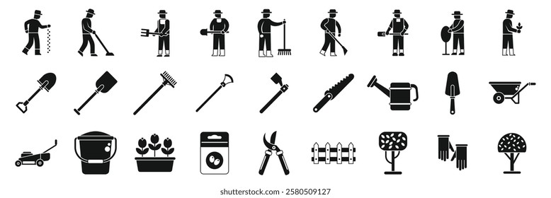  Lawn worker icons set. Farmers working in the garden with professional tools are planting and seeding