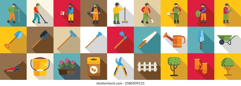  Lawn worker icons set. Gardeners planting and using gardening tools like rake, bucket, watering can, gloves, wheelbarrow and lawnmower