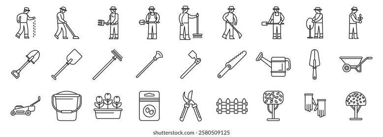  Lawn worker icons set. Gardeners working, planting trees, flowers, and using various gardening tools and equipment