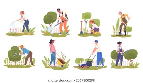 Lawn workers. Professional gardener backyard landscaping care work, pruning trees trimming hedge bushes cut grass mower gardening maintenance equipment, classy vector illustration original artwork