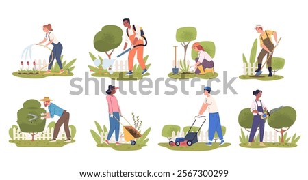 Lawn workers. Professional gardener backyard landscaping care work, pruning trees trimming hedge bushes cut grass mower gardening maintenance equipment, classy vector illustration original artwork