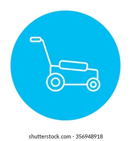 Lawnmover line icon for web, mobile and infographics. Vector white icon on the light blue circle isolated on white background.