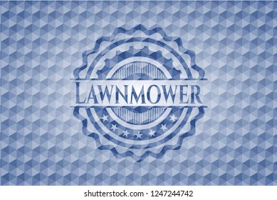 Lawnmower blue emblem or badge with geometric pattern background.