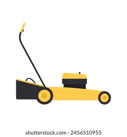 Lawnmower for cutting grass with yellow body, motor and handle vector illustration