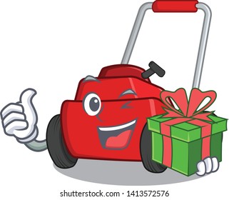 Lawnmower with gift character.