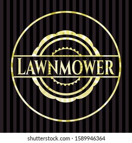 Lawnmower gold shiny emblem. Vector Illustration. Detailed.