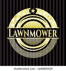 Lawnmower gold shiny emblem. Vector Illustration. Detailed.