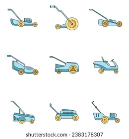 Iconos de jardín de hierba de cortadora de césped. Ilustración de esquema 9 iconos vectoriales de césped de cortadora de césped color de línea delgada plano sobre blanco