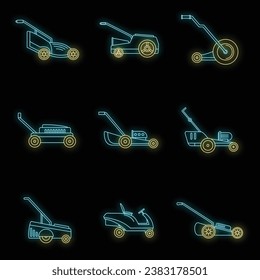 Lawnmower grass garden icons set. Outline illustration of 9 lawnmower grass garden vector icons neon color on black