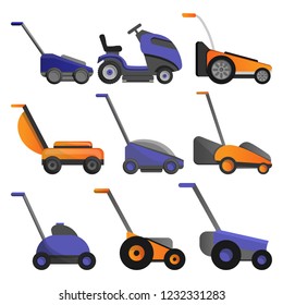 Lawnmower icon set. Cartoon set of lawnmower vector icons for web design