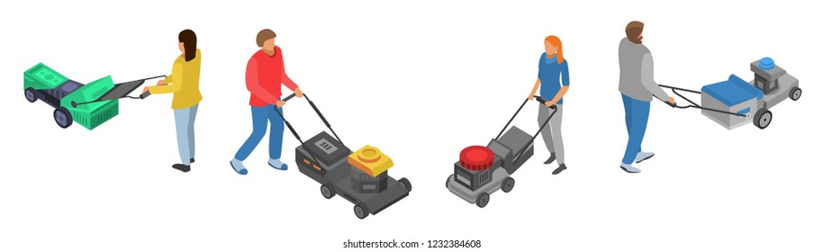 Lawnmower icon set. Isometric set of lawnmower vector icons for web design isolated on white background