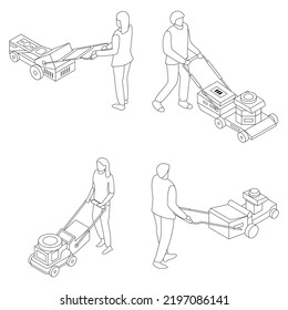 Lawnmower icon set. Isometric set of lawnmower vector icons outline thin lne isolated on white