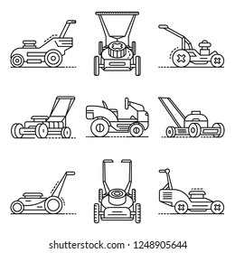 Lawnmower icon set. Outline set of lawnmower vector icons for web design isolated on white background