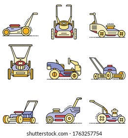 Lawnmower icon set. Outline set of lawnmower vector icons thin line color flat isolated on white