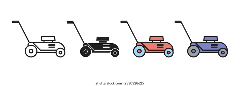 Lawnmower icon vector set in line style. simple lawn grass cutter mowing machine web symbol. yard gardening mower thin line icons in filled and outline style with black and colored versions.