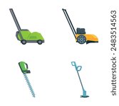 Lawnmower icons set cartoon vector. Electric lawn mower and grass trimmer. Gardening equipment