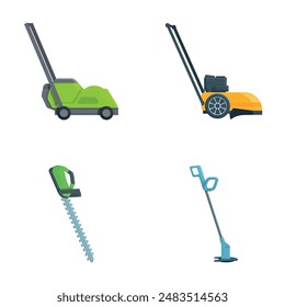 Lawnmower icons set cartoon vector. Electric lawn mower and grass trimmer. Gardening equipment