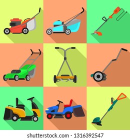 Lawnmower icons set. Flat set of lawnmower vector icons for web design