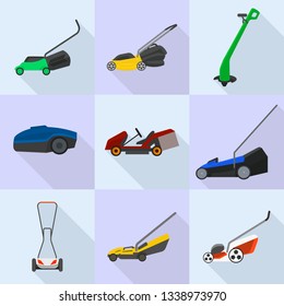 Lawnmower icons set. Flat set of lawnmower vector icons for web design